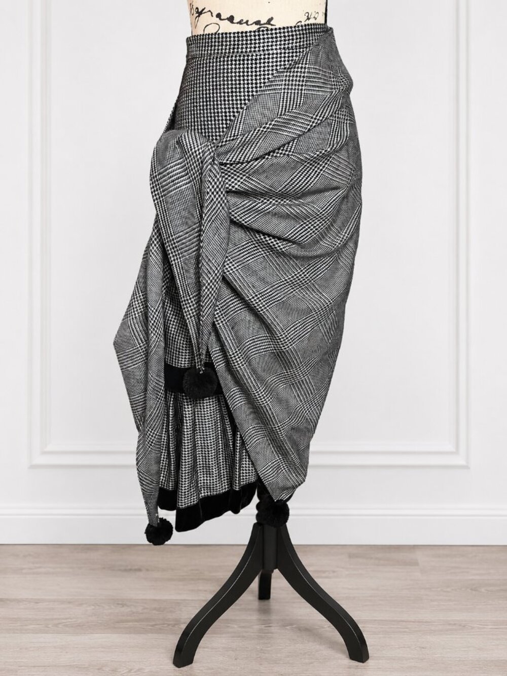 Vintage Bleu Blanc Rouge Houndstooth Tiered Midi Skirt Size 40 Black White Ruffl - Picture 3 of 13